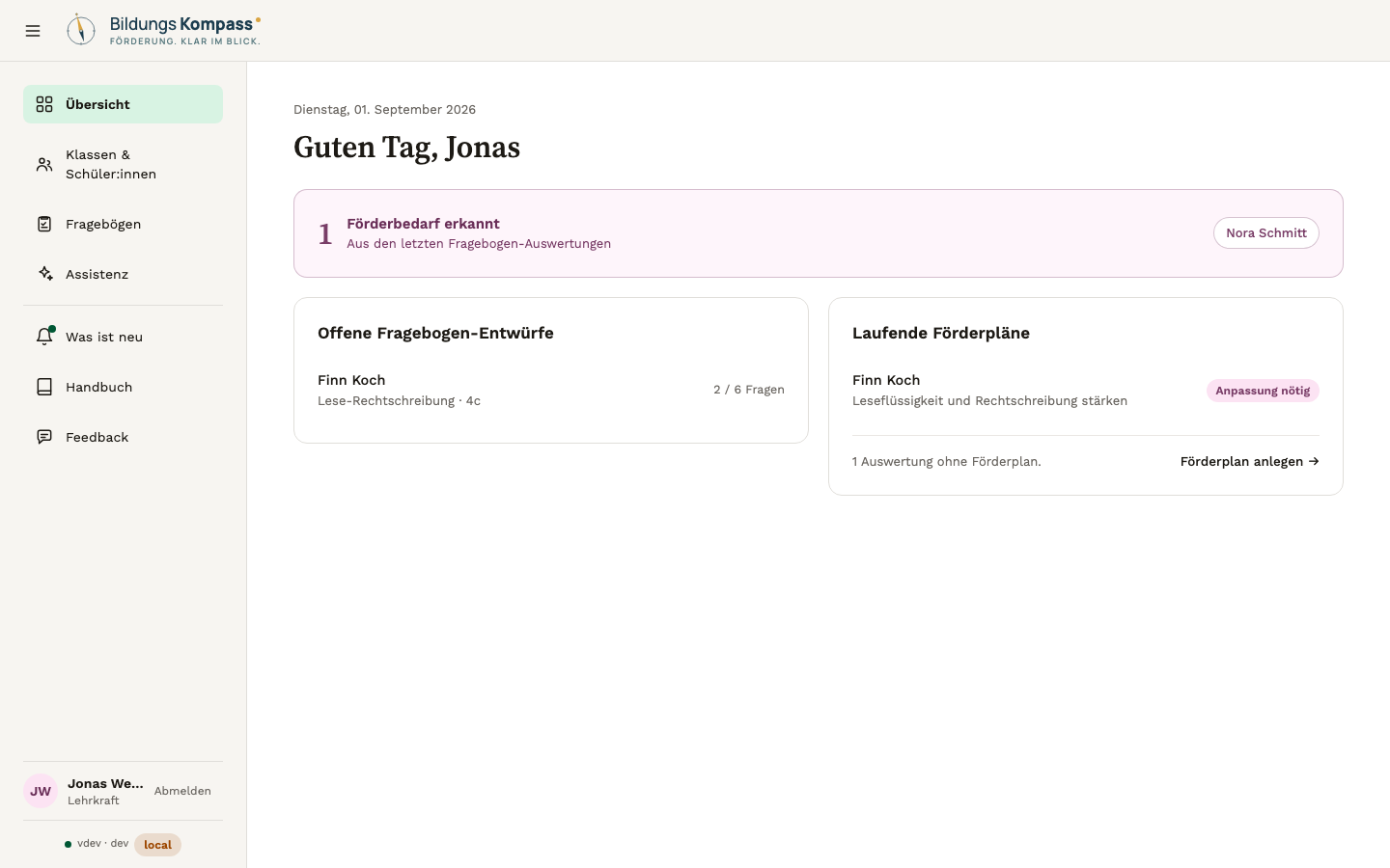 Das Dashboard der Anwendung mit offenen Fragebogen-Ausfüllungen und laufenden Förderplänen