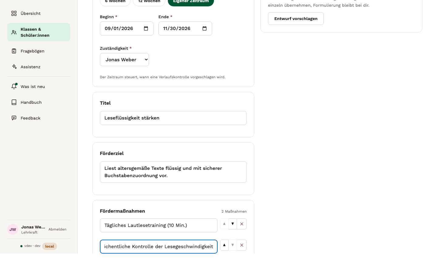 Formular zum Anlegen eines Förderplans mit Zeitraum, Förderziel und Maßnahmen