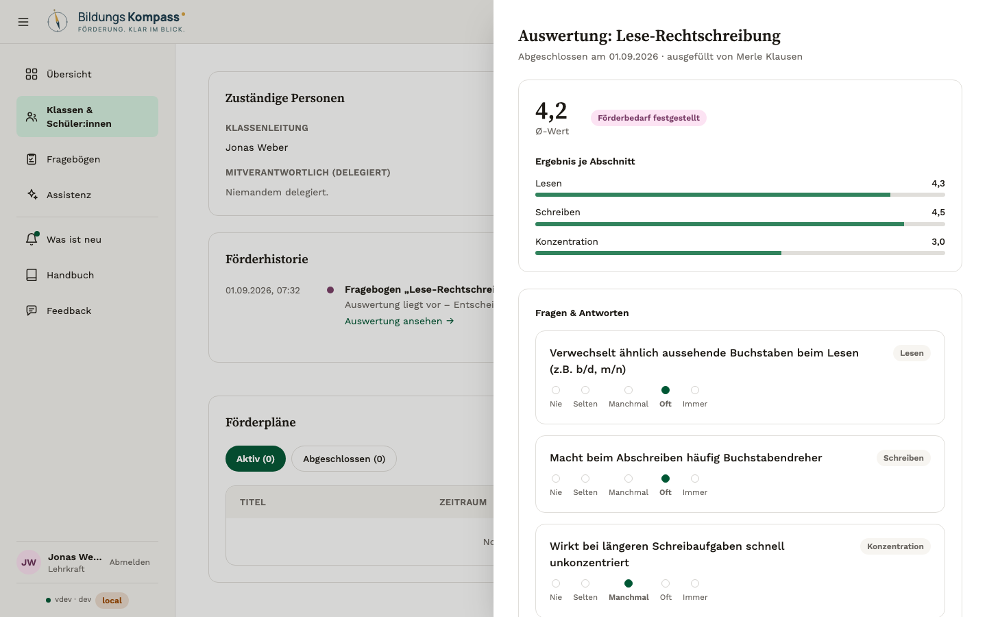 Auswertung einer abgeschlossenen Fragebogen-Ausfüllung mit festgestelltem Förderbedarf