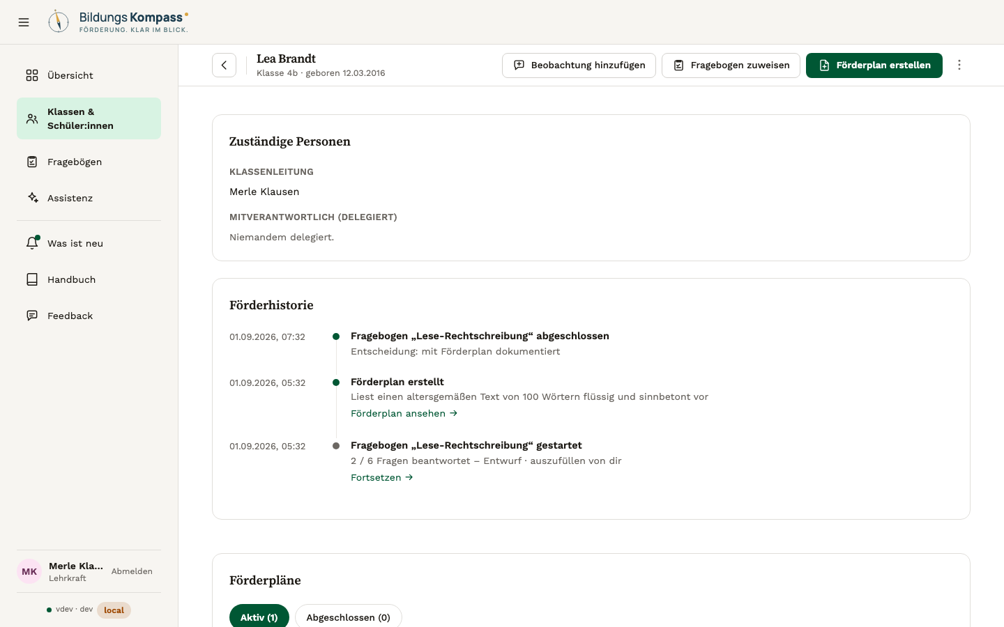 Chronologische Förderhistorie einer Schülerin mit Ausfüllungen und Förderplänen
