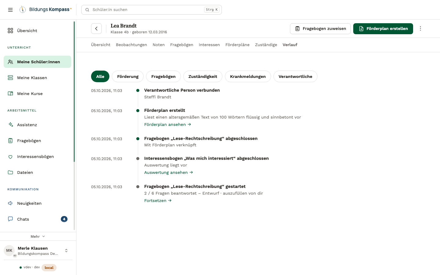 Die Akte von Lea Brandt mit ihren Reitern von Übersicht bis Verlauf; im Verlauf ein Förderplan, ein Fragebogen und ein Interessensbogen mit Datum