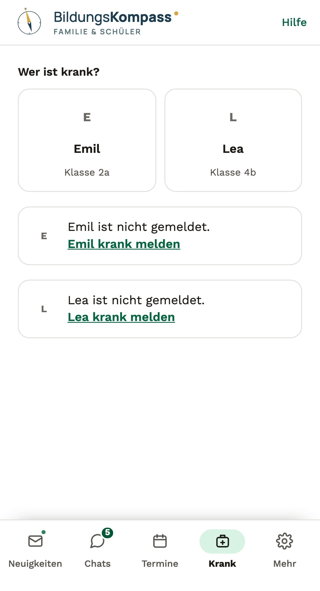 Die Seite „Krank melden" in der App für Eltern mit einer Kachel je Kind