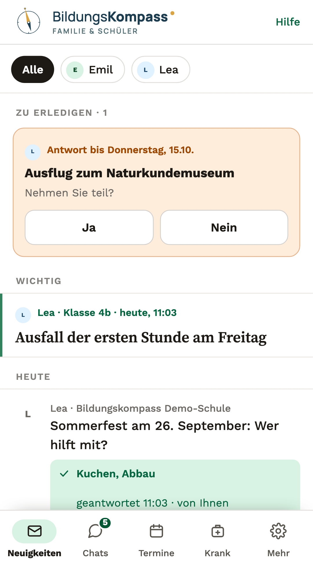 Die Neuigkeiten in der App für Eltern